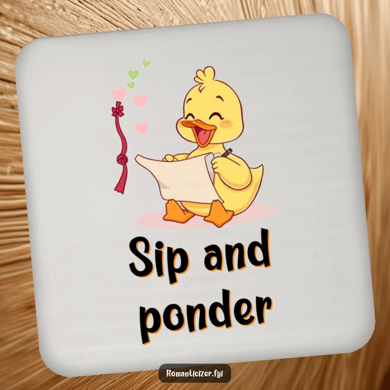 Funny drink coasters with a delighted duckling writing a love poem on a scroll, adding romantic humor to tables.