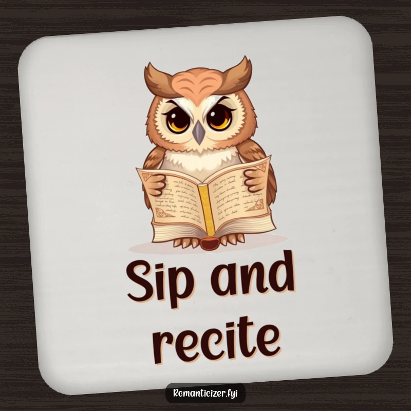 Funny owl drink coaster with a wise owl reading poetry, adding funny charm to surfaces.
