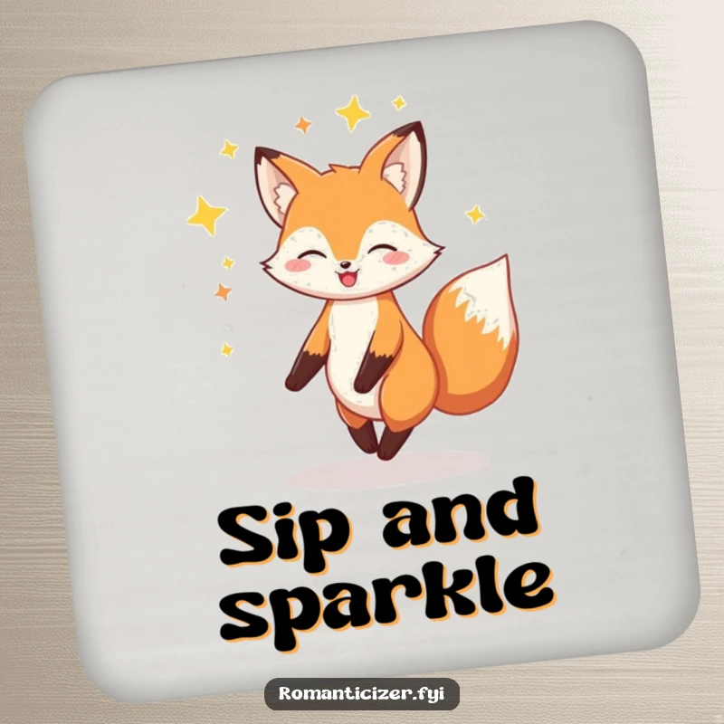 Funny Fox Coaster: A cheerful fox twirls with stars, protecting your table with whimsical, magical charm.