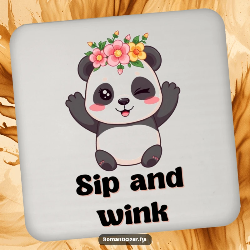 Funny coaster with a playful panda in a flower crown, winking coyly, offering stylish and humorous surface protection.