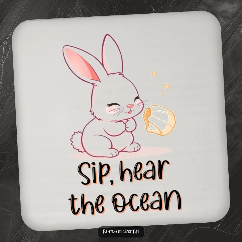 Funny Rabbit Coaster featuring a curious rabbit listening with delight to a seashell, protecting surfaces with charm.