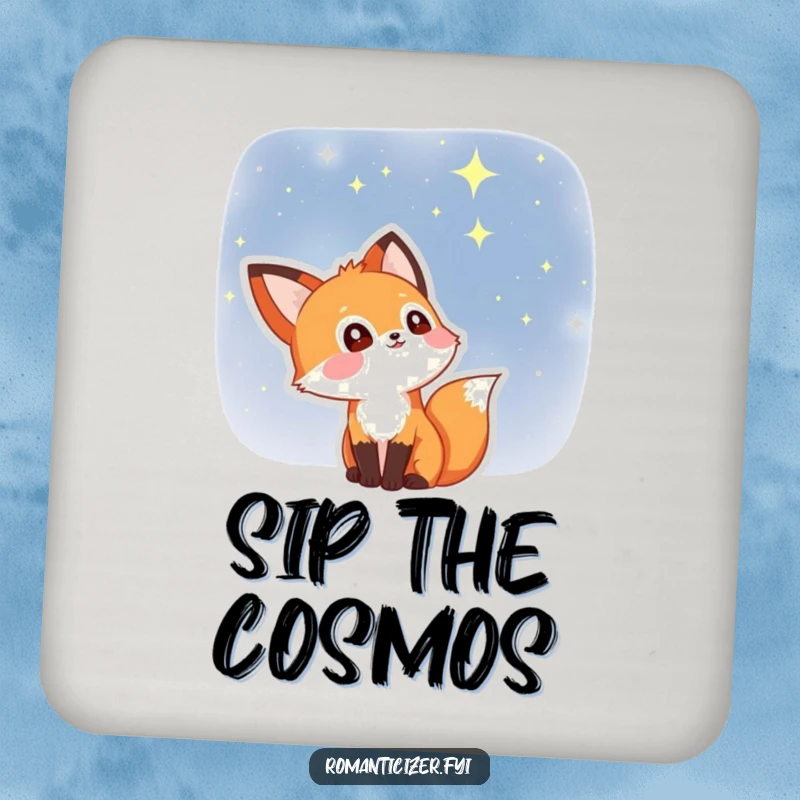 Funny fox drink coaster with a delighted fox whose eyes are filled with stars, under a night sky. A whimsical and protective accessory.