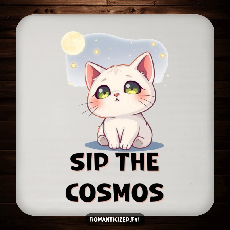 Funny cat moon coaster with a dreamy cat gazing at the moon, stars in its eyes, protecting surfaces with magic.