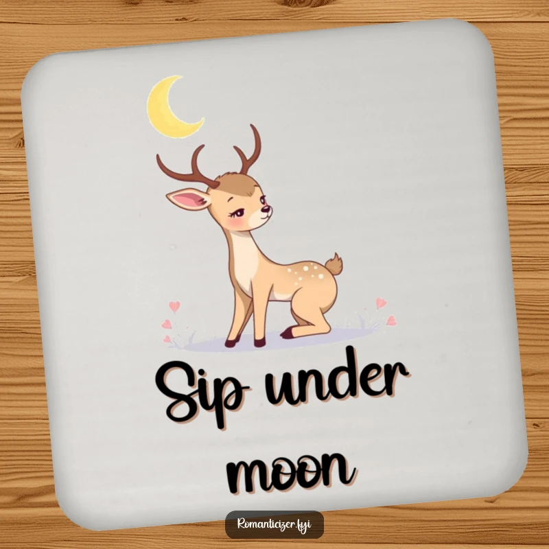 Romantic deer drink coaster with a graceful deer gazing at a crescent moon. Whimsical and protective home accessory.
