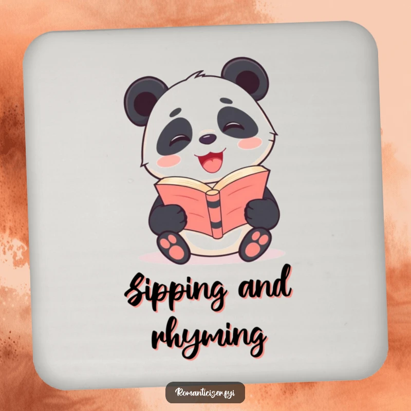 Funny Panda Coaster featuring a giggling panda with a radiant smile reading poetry, safeguarding surfaces with humor.