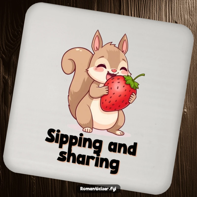 Funny squirrel coaster depicting a squirrel sharing an oversized strawberry, adding humorous protection.