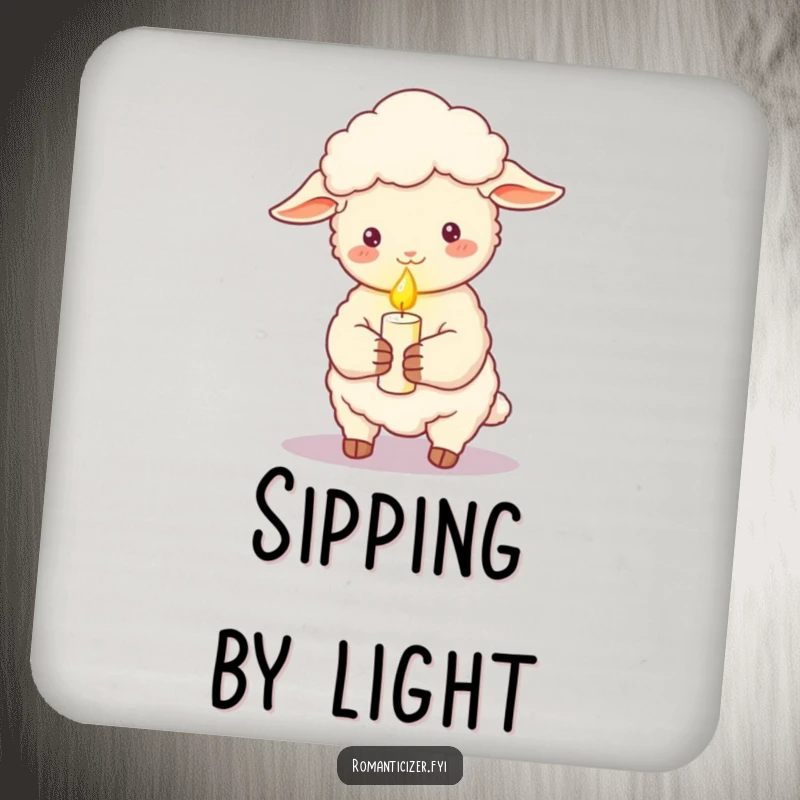 Funny sheep coasters showcasing a sheep holding a lit candle, casting a soft romantic glow, protecting tabletops with charm.