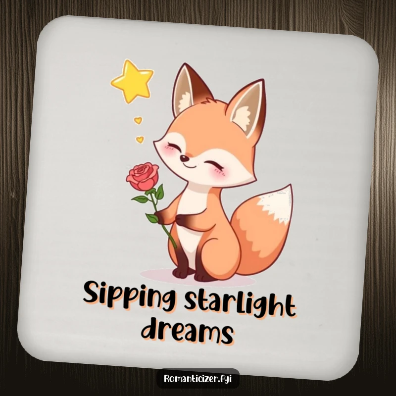 Funny fox coaster, showing a happy fox holding a rose and sighing dreamily towards a star, adding charming romantic protection.