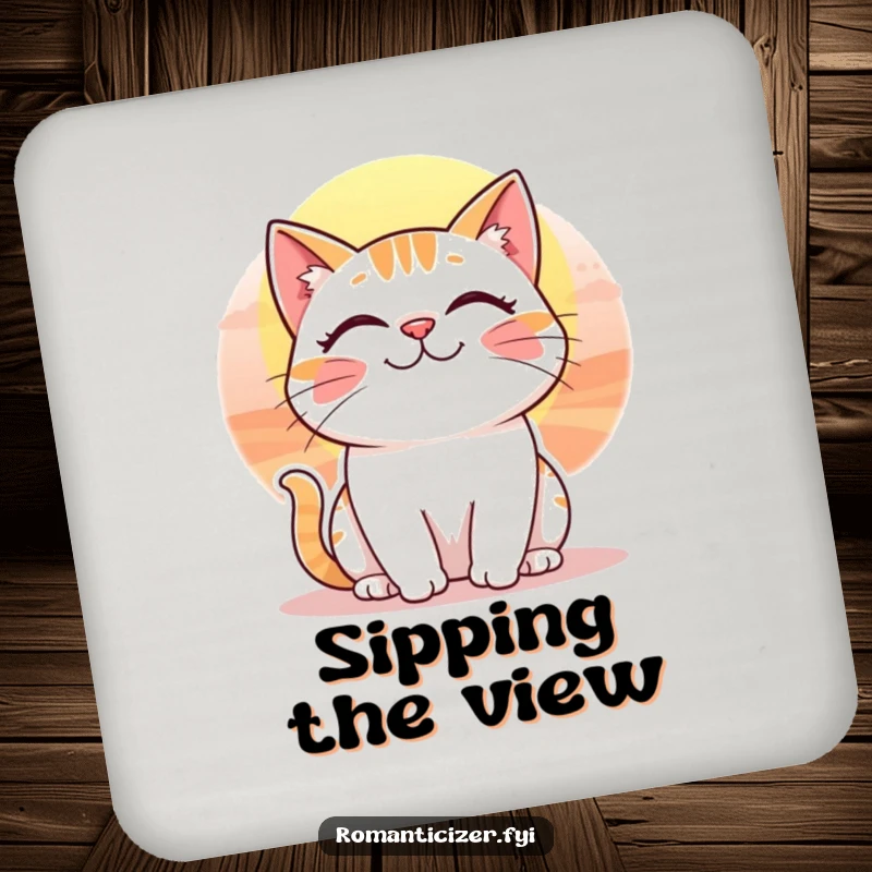 Funny drink coaster with a cheerful cat's whimsical smile watching a beautiful sunset.
