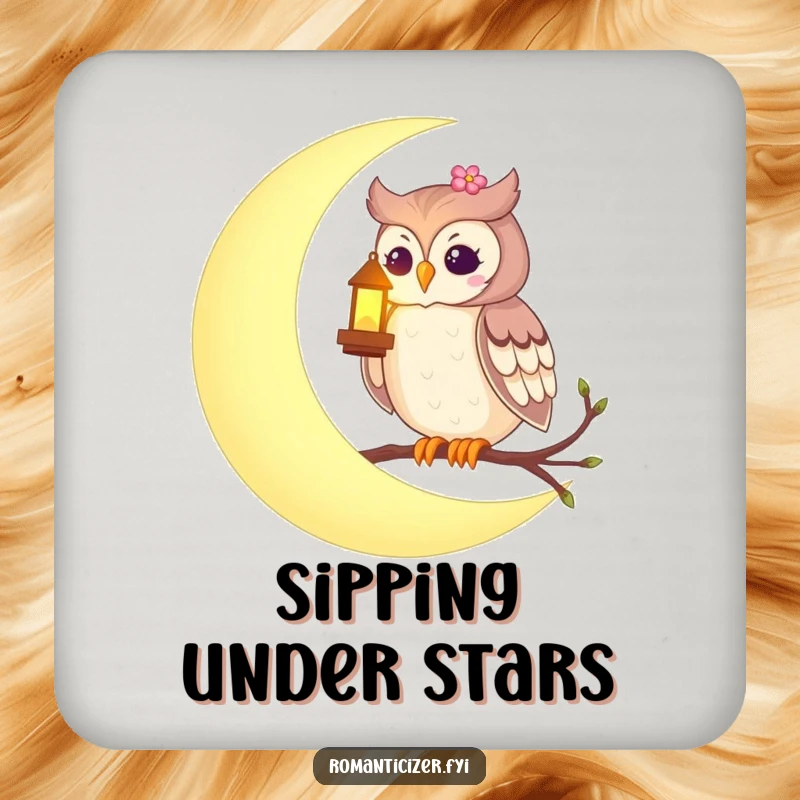 Funny drink coaster featuring a romantic owl on a crescent moon, holding a glowing lantern, providing magical protection.