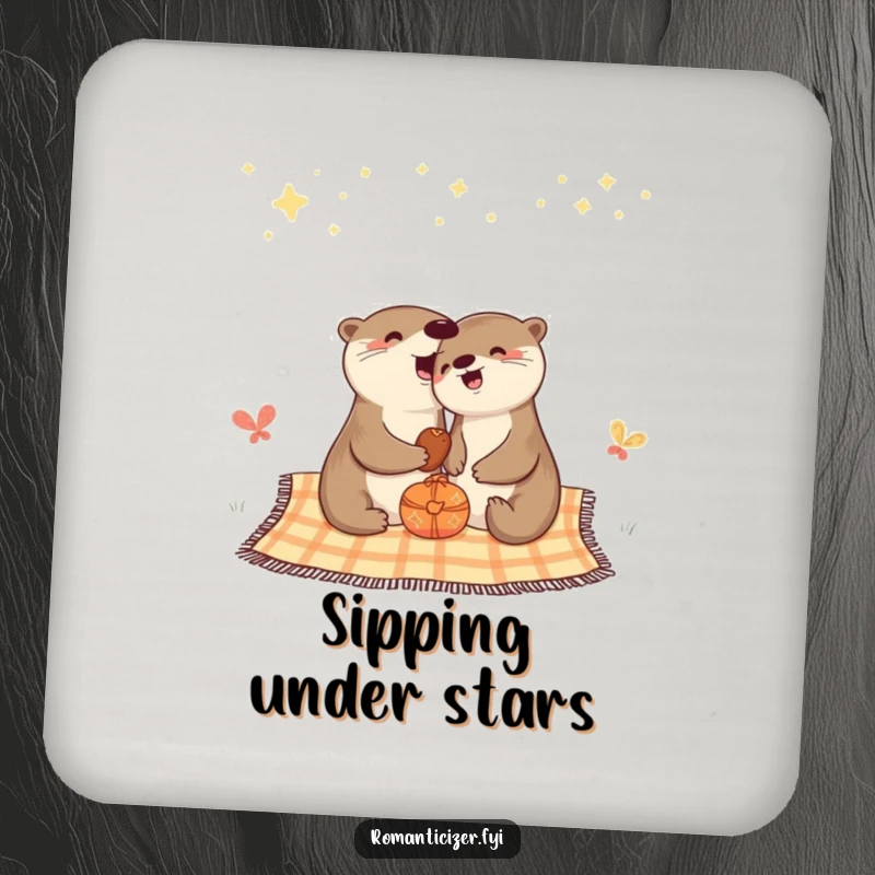 Funny drink coaster set with a cheerful otter enjoying a picnic under a starry night sky.