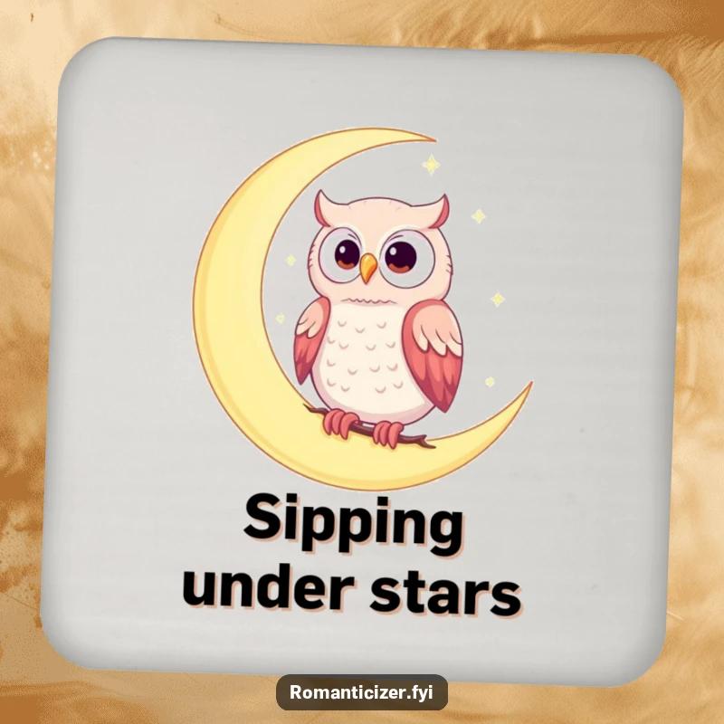 Funny drink coaster with a romantic owl on a moon under a starry sky, adding whimsical celestial charm to table settings.