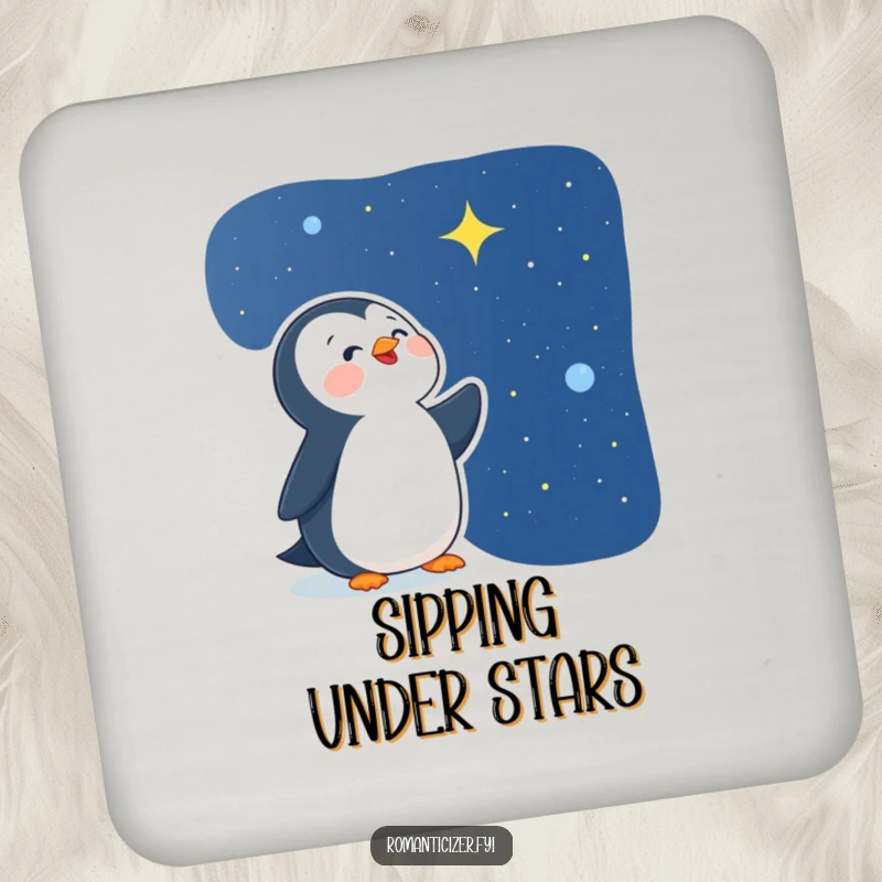 Funny delighted penguin coaster showing a happy bird gazing at a starry night sky, adding a humorous and enchanting touch to any table.