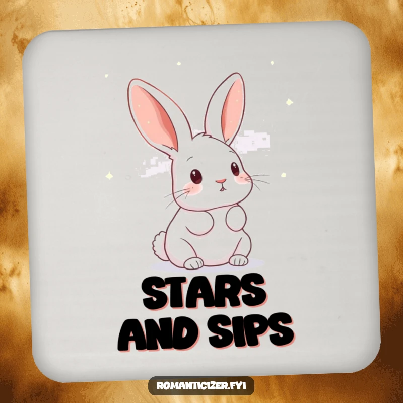 Funny rabbit coaster showing a curious bunny gazing at a sky filled with twinkling stars, protecting surfaces with charm.