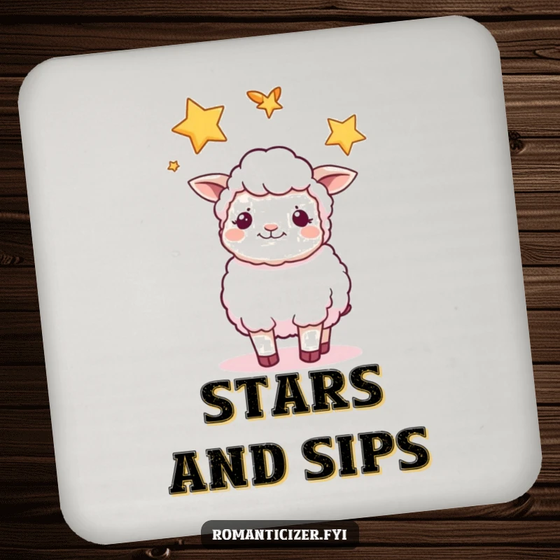 Funny sheep drink coaster featuring a content sheep gazing at two intertwined stars, adding peaceful charm to any table.