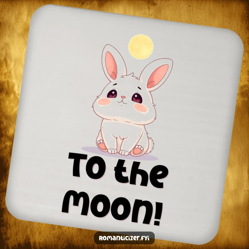 Funny drink coaster set showing a fluffy bunny with adoring eyes gazing up at the moon.