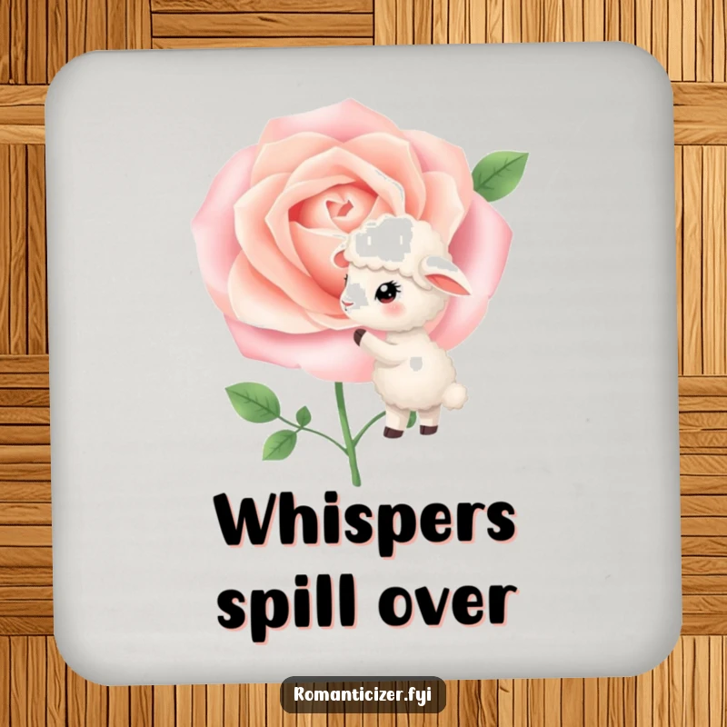 Funny Drink Coaster featuring a sheep whispering secrets into a blooming rose, adding a touch of delicate humor to any drink setting.