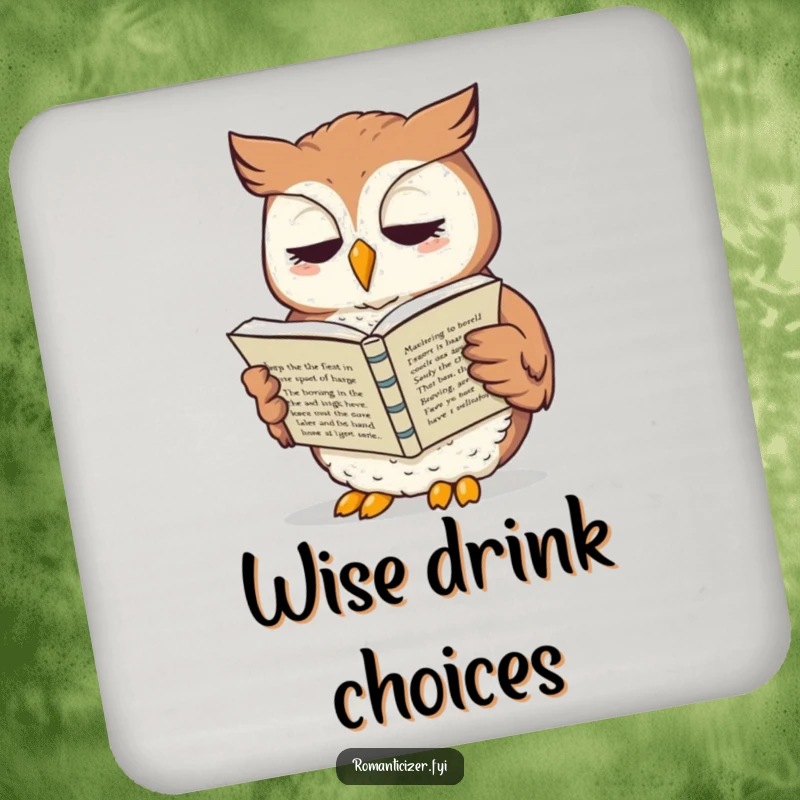 Funny owl drink coaster featuring a whimsical owl reading sonnets aloud, adding literary charm to any table.