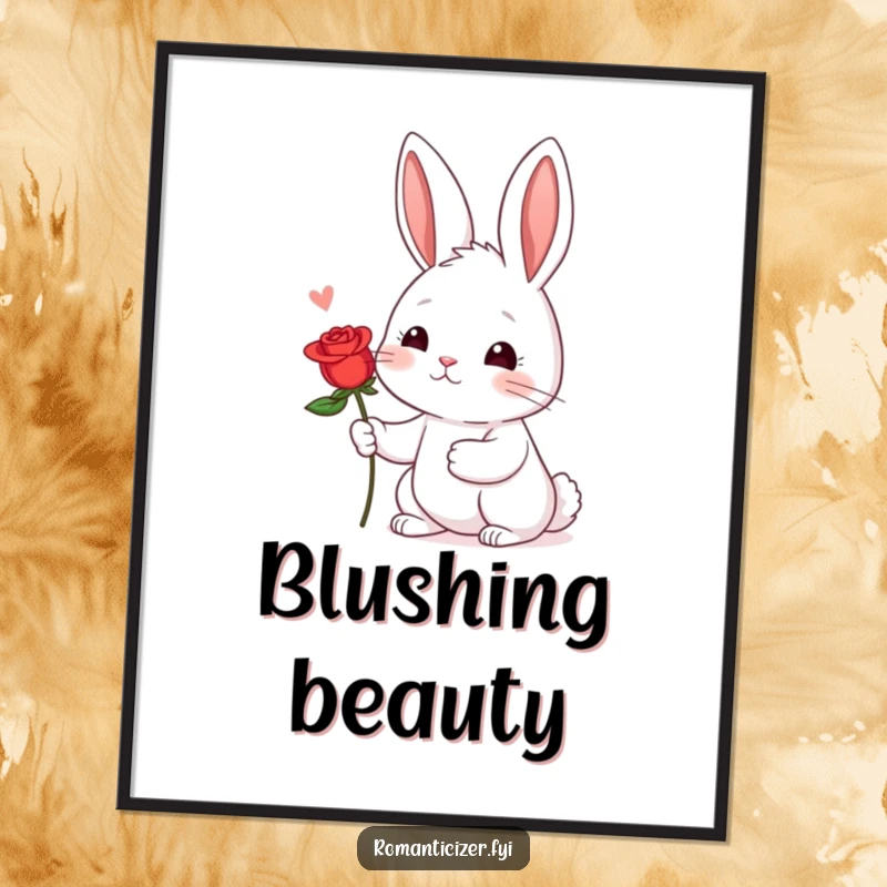 Funny Shy Rabbit Rose Poster: A shy rabbit offers a red rose with a hopeful blush, romantic wall art.