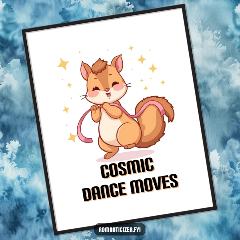 Funny poster of a playful squirrel twirling with a ribbon under a sky filled with shimmering, sparkling stars.