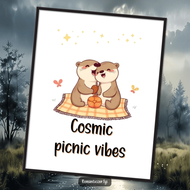 Funny poster of a cheerful otter having a picnic on a blanket under a starry sky.