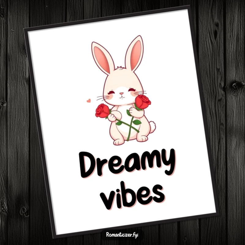 Funny poster of a cute bunny holding a single red rose, with a dreamy expression, adding romantic humor to decor.
