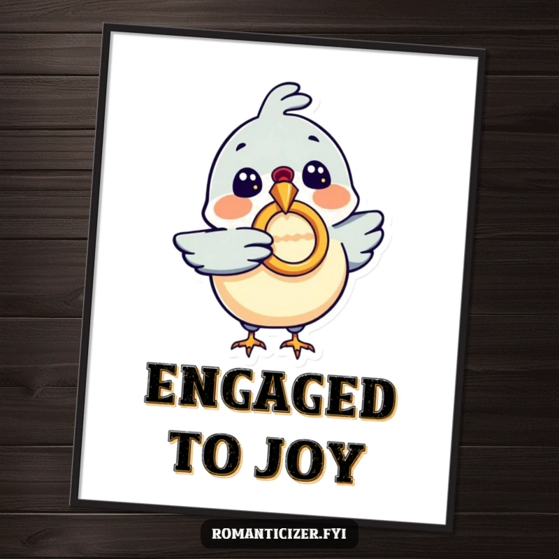 Funny poster of a bird holding a diamond ring in its beak, symbolizing a proposal or commitment, beautiful funny gift for couples.