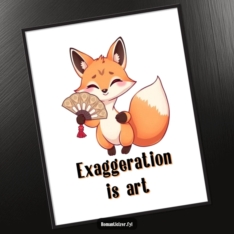 Funny fox poster depicting a playful fox with an ornate fan, gesturing theatrically, embodying dramatic elegance.