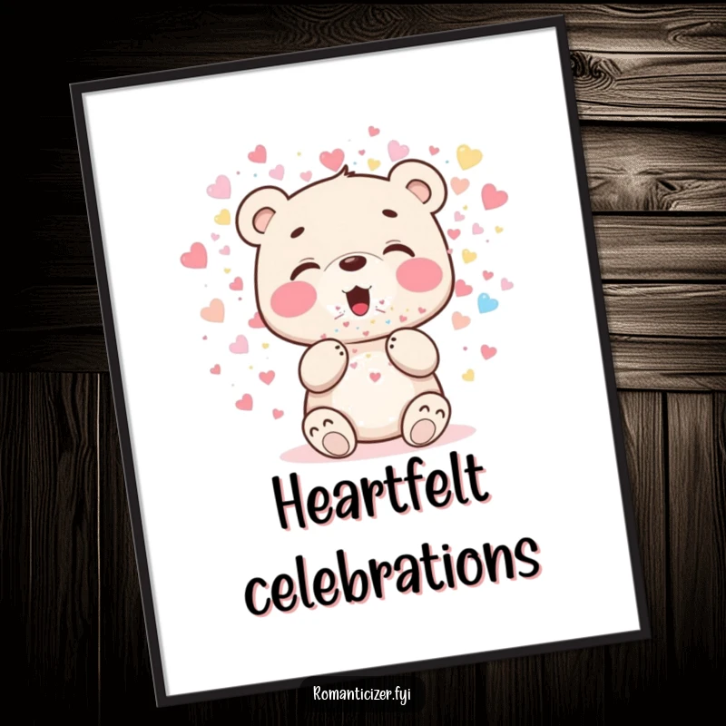 Funny bear cub poster showing a happy cub blowing a cascade of sparkling heart-shaped confetti, symbolizing joy and celebration.