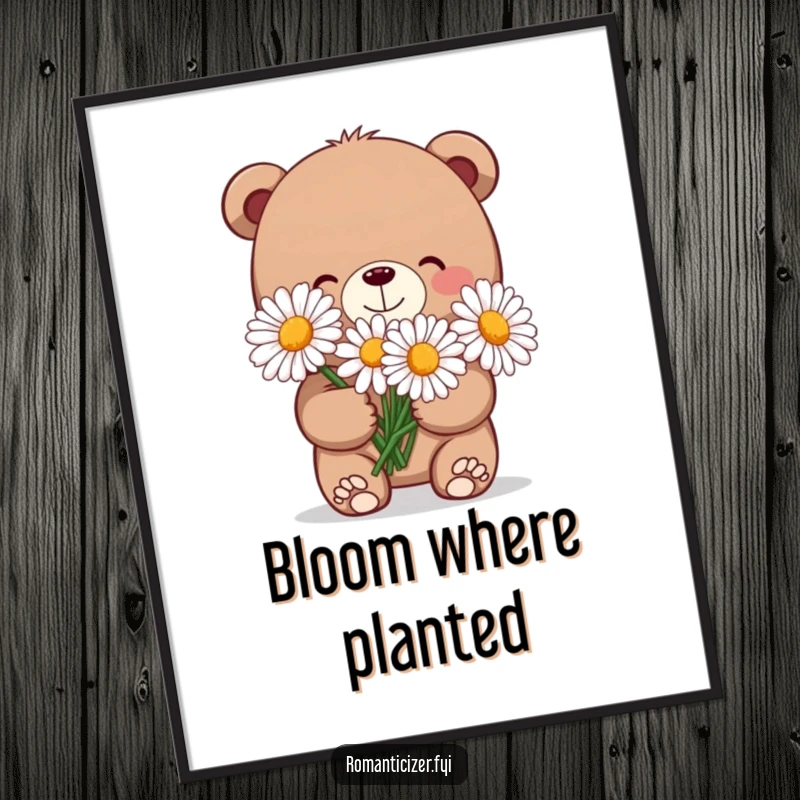 Funny poster of a charming bear with a shy grin, presenting a bouquet of oversized daisies, evoking tender emotions.