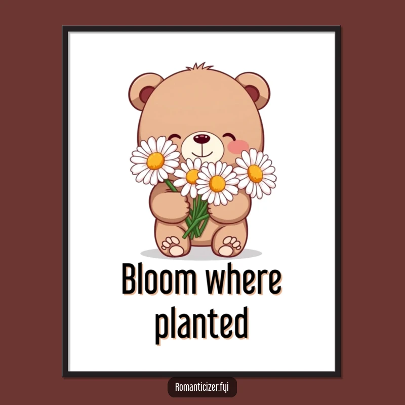 Funny Bear Daisy Poster: Shy Grin Art, Whimsical & Humorous Wall Decor Gift