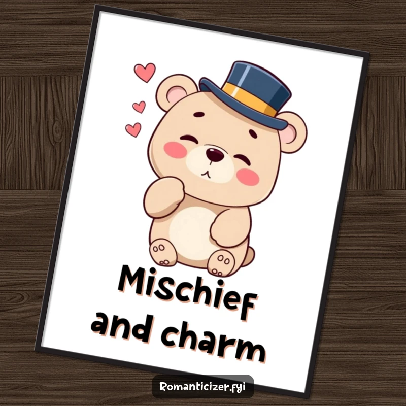 Funny poster of a bear in a top hat playfully blowing a kiss with a wink, full of charm.