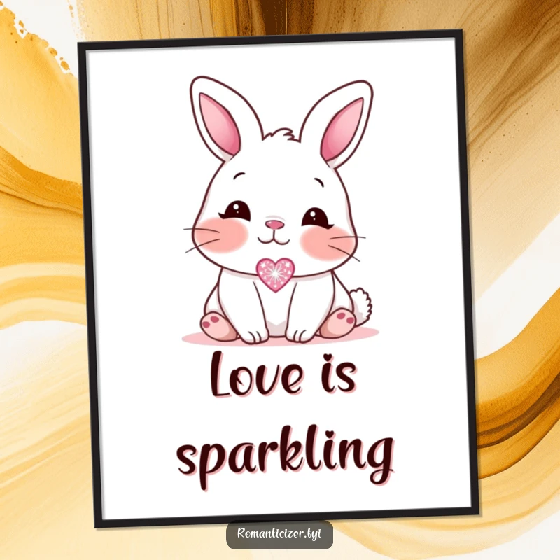Funny blushing bunny poster, illustrating a sweet bunny gazing affectionately at a small, sparkling heart icon, radiating bashful charm.