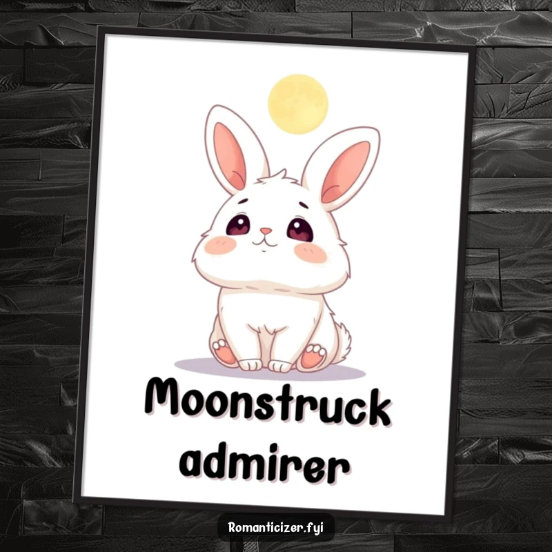 Funny poster of a fluffy bunny with wide, adoring eyes looking up at a glowing moon.