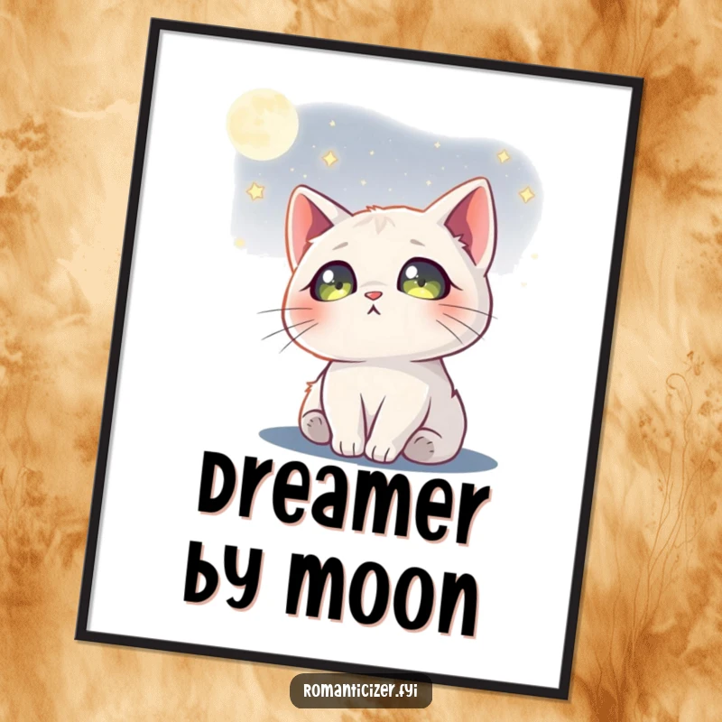 Funny cat moon poster showing a dreamy cat looking at the moon with stars in its eyes, evoking wonder and peace.
