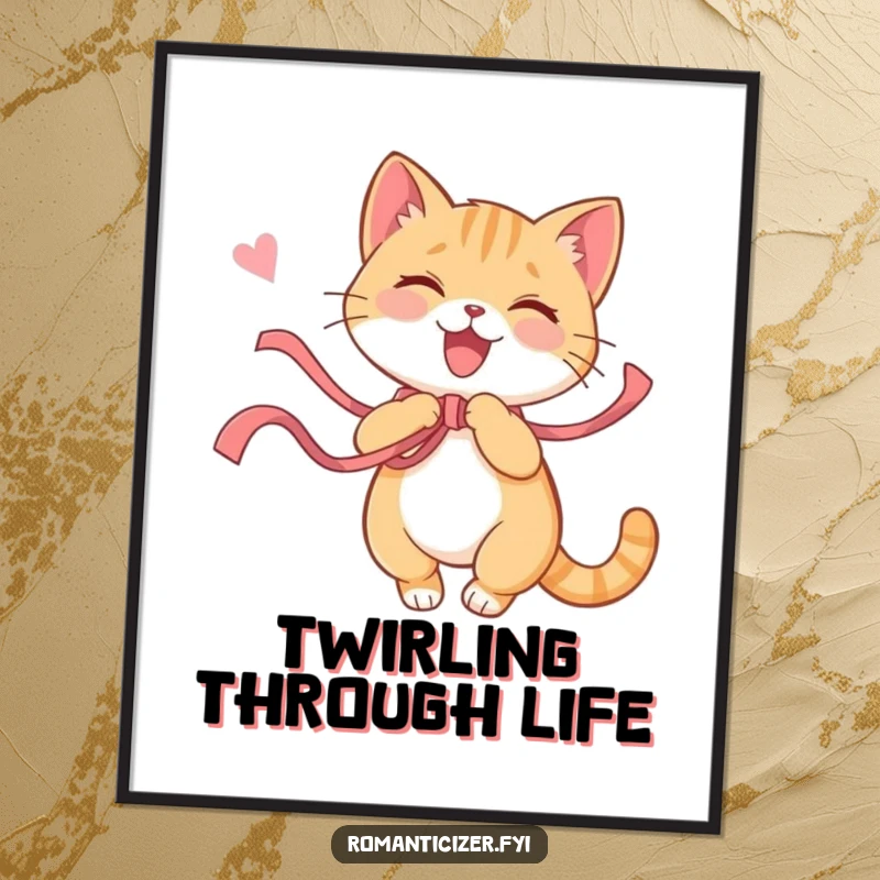 Funny cat poster of a playful cat in mid-twirl with a ribbon, looking blissfully happy with a contented sigh. Vibrant and joyful art.