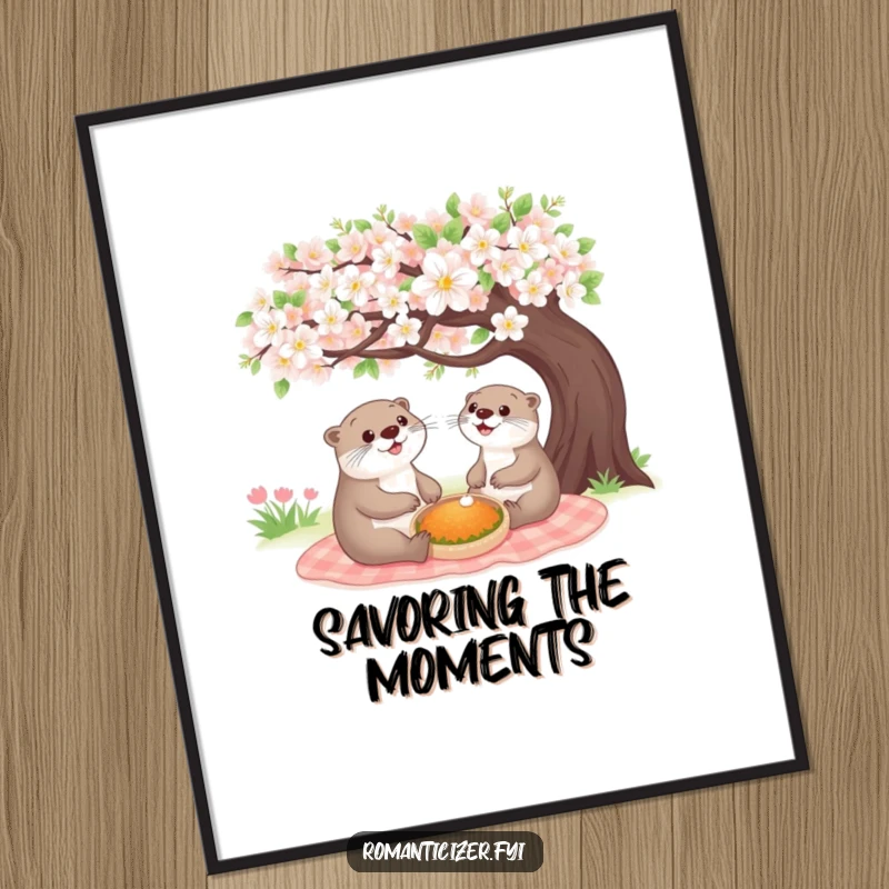 Funny cheerful otter poster art of a happy animal having a picnic under a blooming tree, conveying joy and friendship.