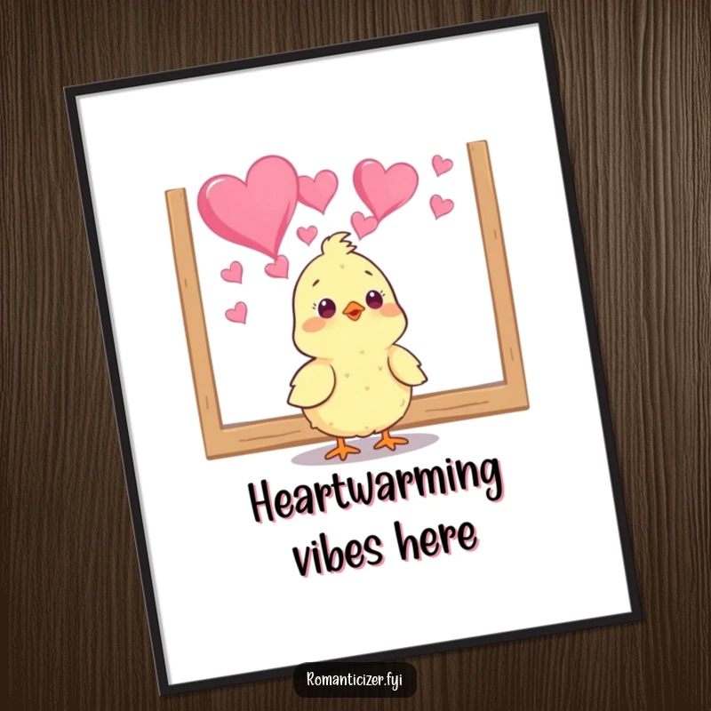 Funny chick poster featuring a small bird adoring a heart painting, creating a humorous and heartwarming piece of wall art. Cute gift.