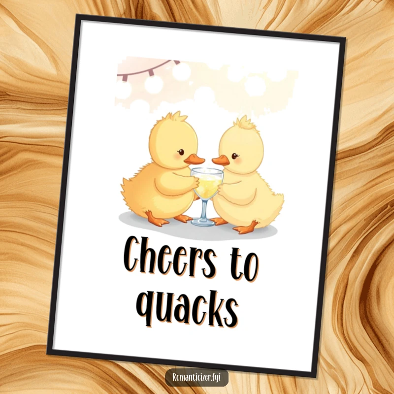Funny duckling poster sharing a small sparkling drink under soft lights, perfect for adding whimsical and festive wall decor.