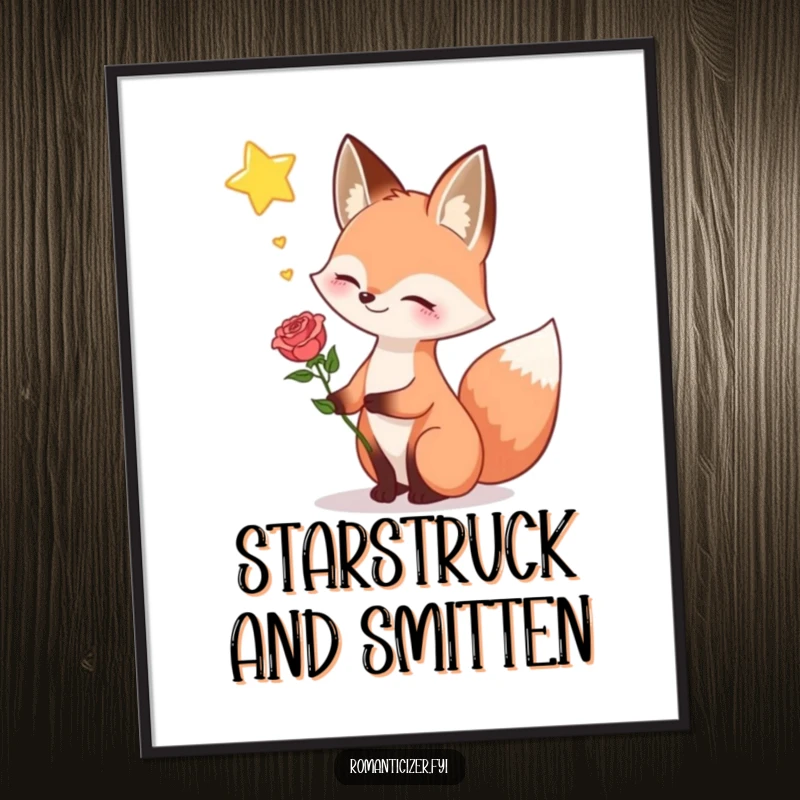 Funny fox poster, illustrating a happy fox holding a rose, sighing dreamily while gazing towards a bright, hopeful star.