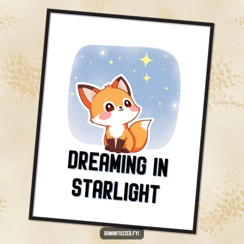 Funny fox poster showing a delighted fox with bright stars in its eyes, looking up at a vast, starry night sky. Dreamy celestial art.