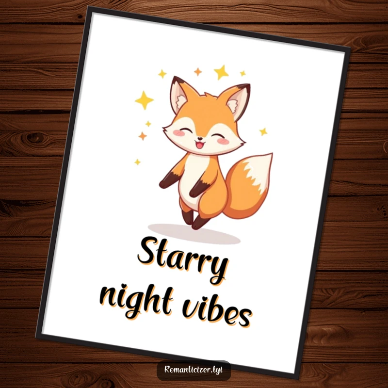 Funny Fox Poster: A cheerful fox twirls within a sparkling halo of stars, creating a mesmerizing and magical scene.