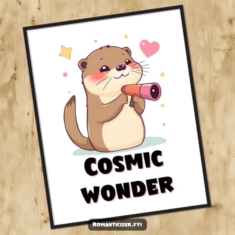 Funny poster, an otter winking while looking through a heart-shaped telescope at stars, showcasing a humorous cosmic adventure.