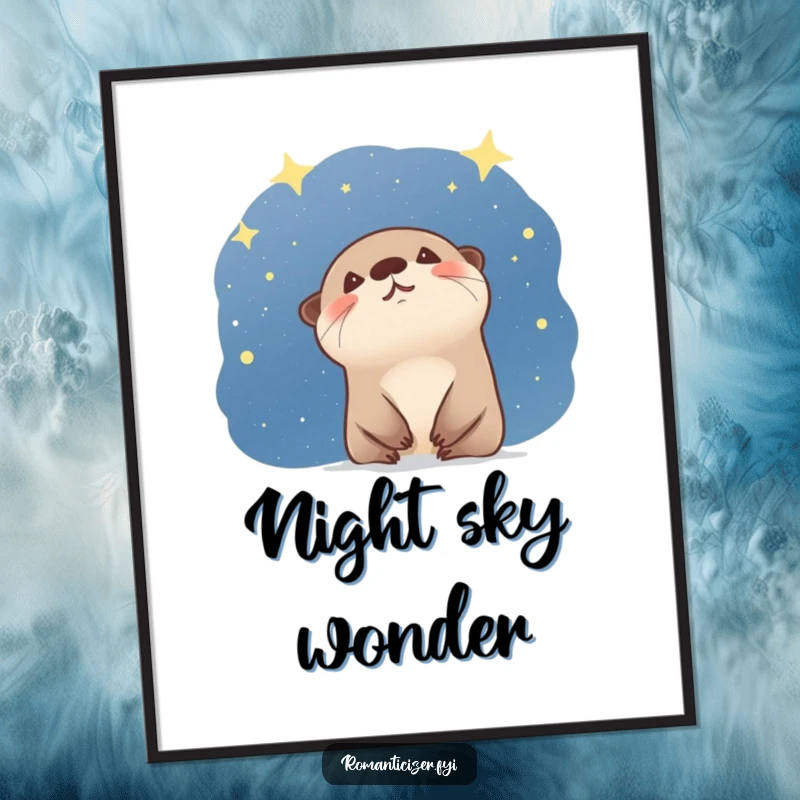 Funny otter poster featuring a giggling creature marveling at a starry night sky, creating a humorous and awe-inspiring artwork. Cute gift.