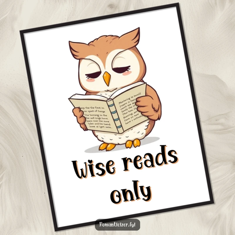 Funny owl poster depicting a wise owl engrossed in reading sonnets aloud, adding whimsical literary art to any room.