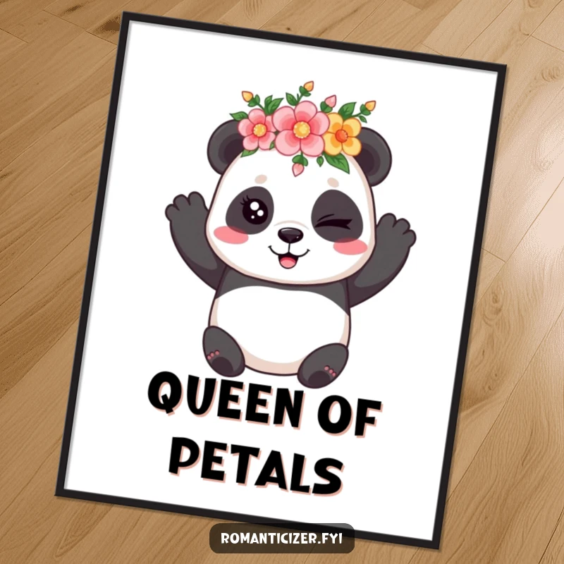 Funny poster of a playful panda wearing a flower crown and winking coyly, exuding charm and mischievous fun.