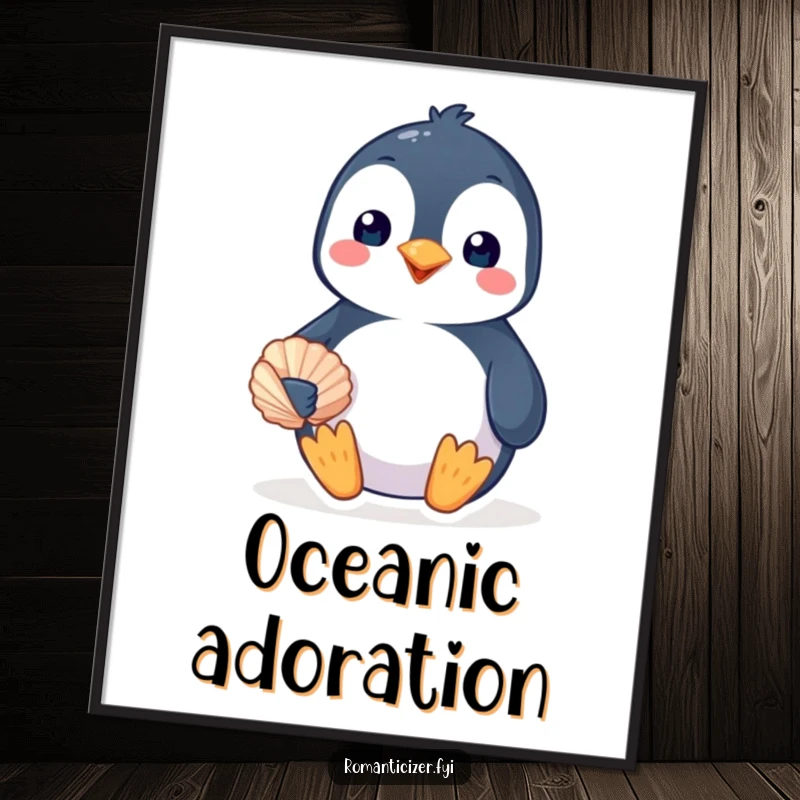 Funny penguin poster featuring a happy bird presenting a seashell with a loving smile, creating a humorous and heartwarming artwork. Cute gift.