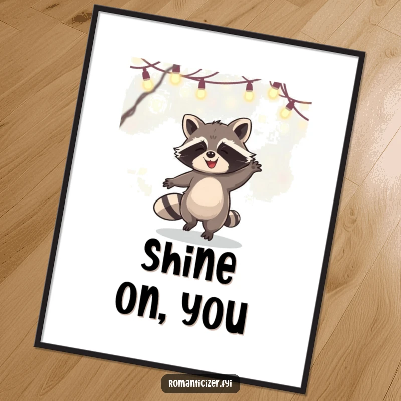 Funny Poster art of a happy raccoon gracefully dancing under a ceiling of sparkling fairy lights, creating a magical and joyful atmosphere.