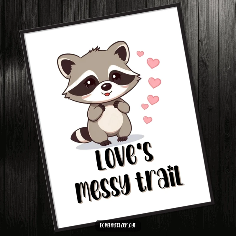Funny raccoon poster showing a mischievous raccoon leaving a trail of sparkling hearts, a funny and heartwarming piece of art.
