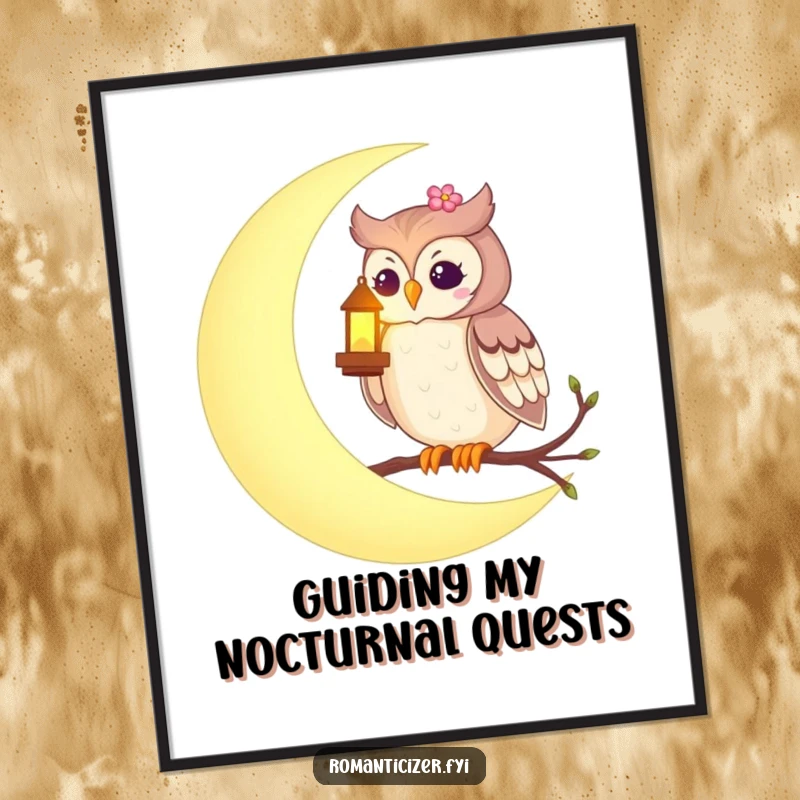 Funny poster print of a romantic owl on a crescent moon, holding a glowing lantern, creating a magical and serene night scene.